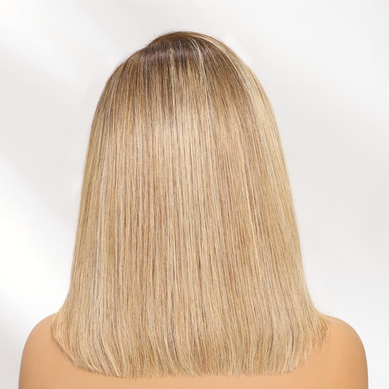 Sunber Blonde with Brown Roots Side Part Blunt Short Bob Wigs 7x5 Glueless Human Hair Wigs Straight Shoulder length Pre Cut Lace Invisible Knots Front Wigs Put on and Go