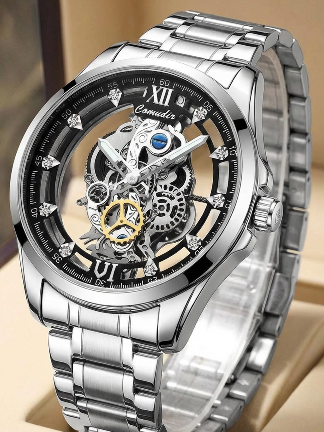Men's Silver Color Steel Strap Dual-Sided Transparent Sporty Casual Business Watch, Quartz Wristwatch, Analog Round Face, Quartz Movement, Alloy Case Men's Silver Color Steel Strap Dual-Sided Transparent Sporty Casual Business Watch, Quartz Wristwatch, Analog Round Face, Quartz Movement, Alloy Case