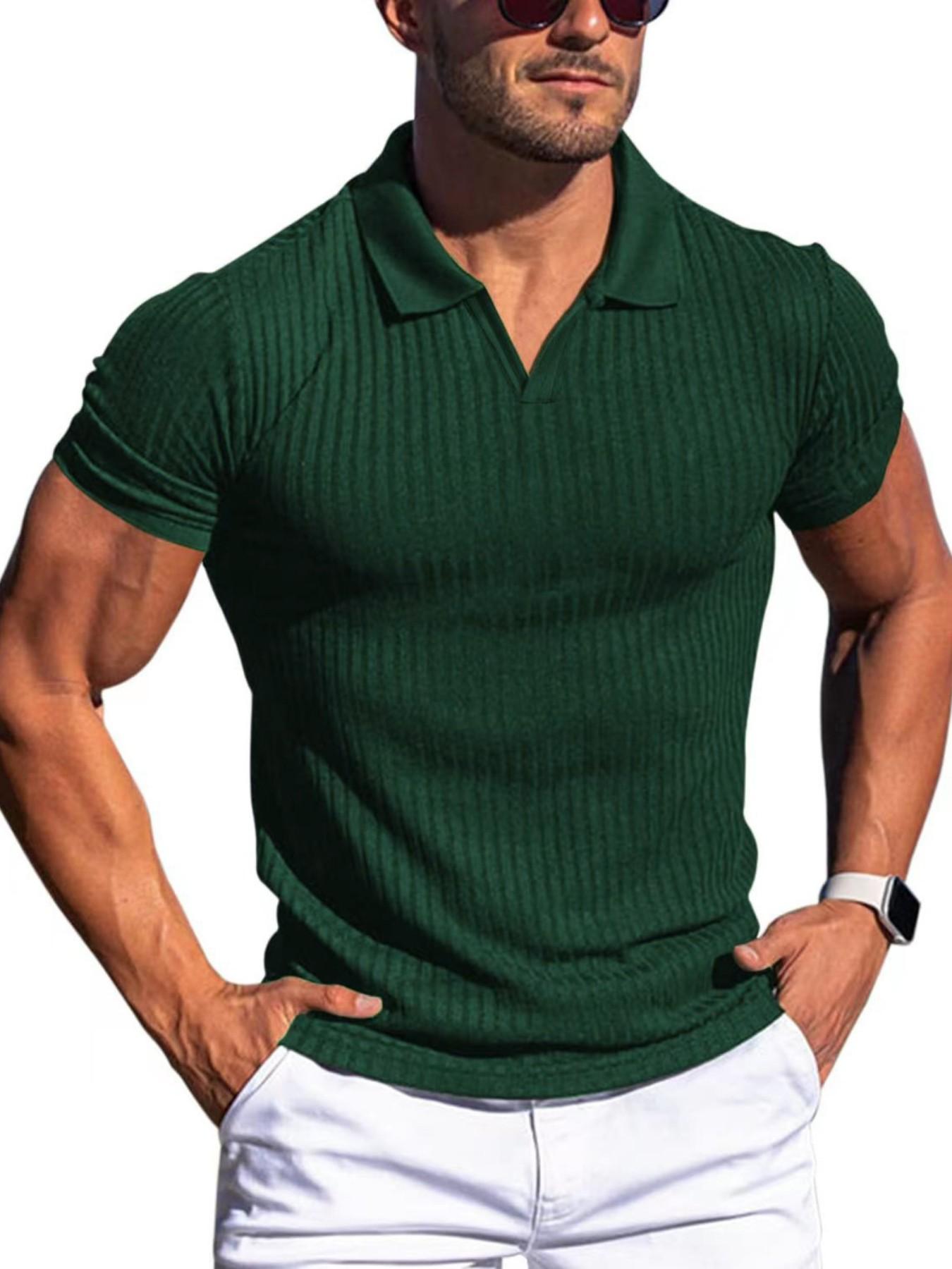 Men's Ribbed Knit V-Neck Polo Shirt, Casual Short Sleeve Top, Ideal for Golf, Office, Daily Wear, Comfortable and Stylish