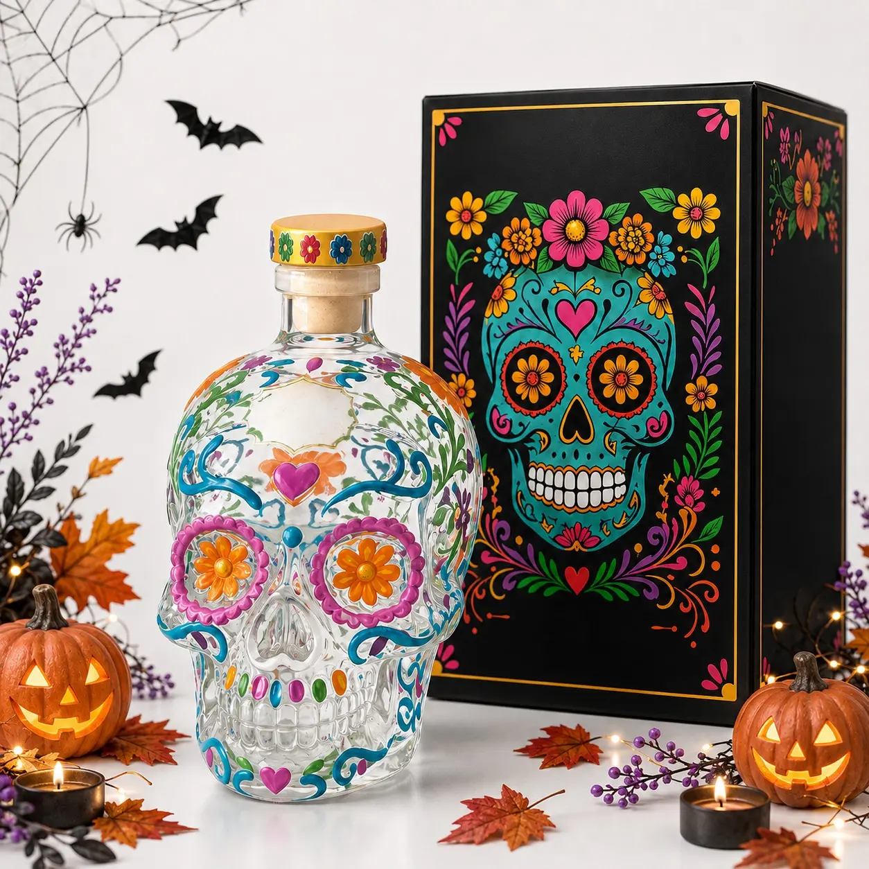 Halloween Skull Whiskey Decanter, Hand Blown Borosilicate Glass Liquor Bottle & Drinkware, Day of the Dead Bar Decor, Christmas Gift for Men & Whiskey Lovers