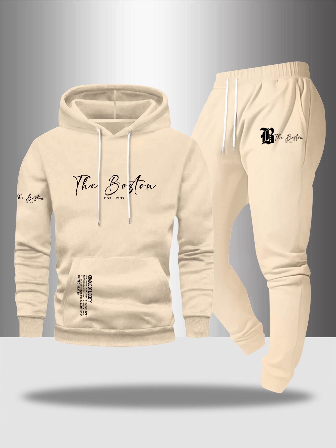 Men's Fall Winter Casual Two-Piece Set, Hooded Sweatshirt & Drawstring Waist Pants, Thicken Fabric, Fitted Style, Letter Print Design