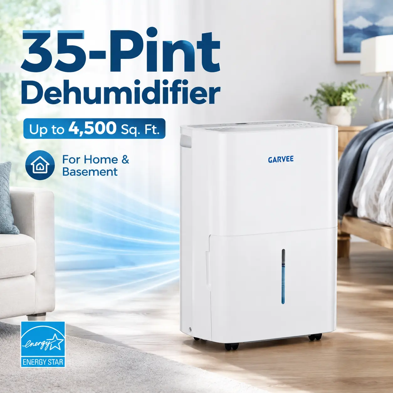 4500 Sq. Ft Dehumidifier for Home & Basement, 35 Pint Portable Dehumidifier with Auto Defrost, 24H Timer, Auto Shut-Off & Wheels