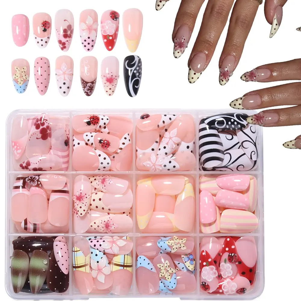 300pcs Almond Shape Press-On Nails, Multi-Color French Tips, Floral & Striped Designs, Perfect for Summer, Office & Parties