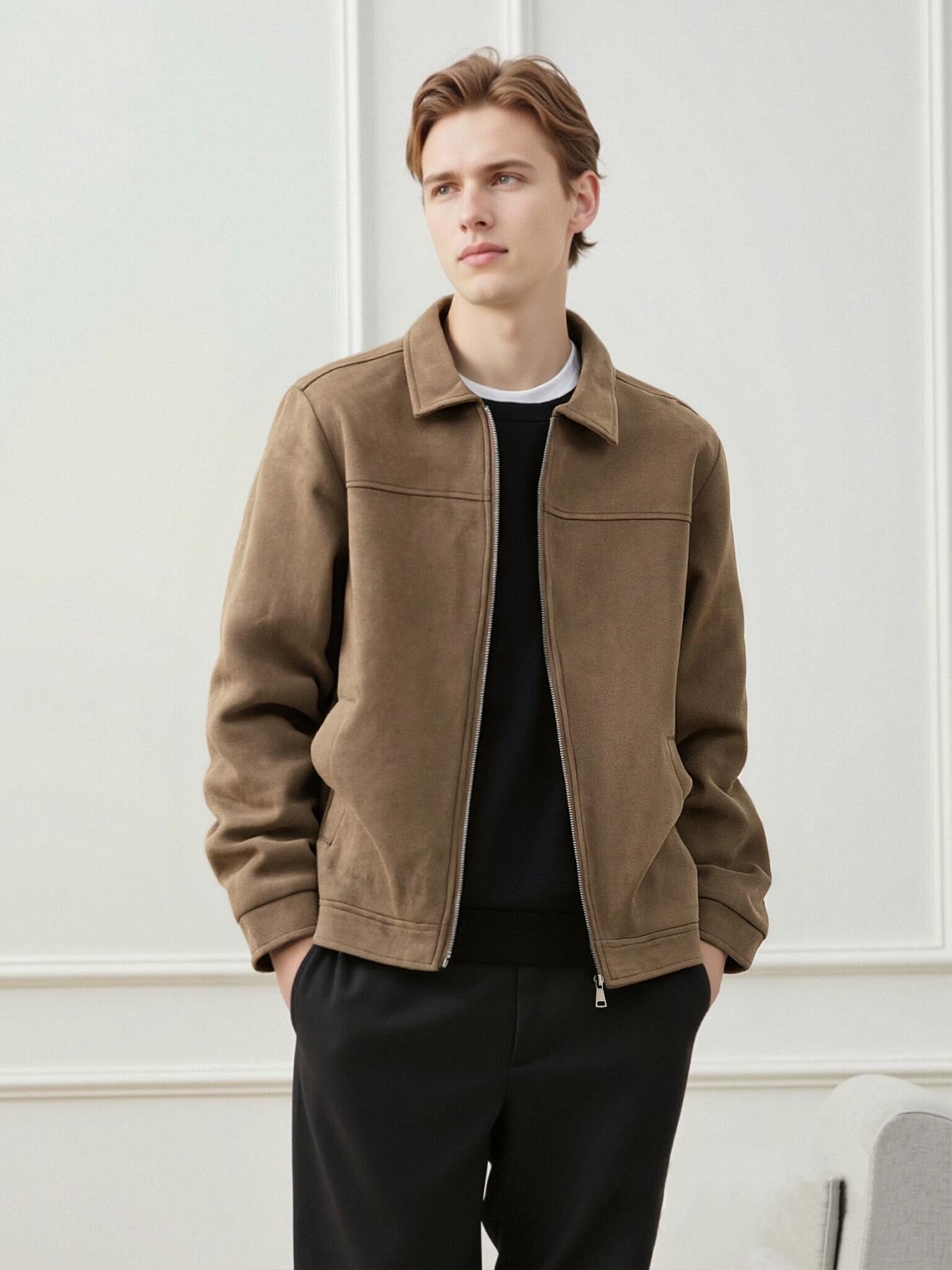 Men's Casual Jacket, Zipper Closure, Collar Design, Lightweight Business Style Faux Suede Coat, Durable Easy Care Fabric