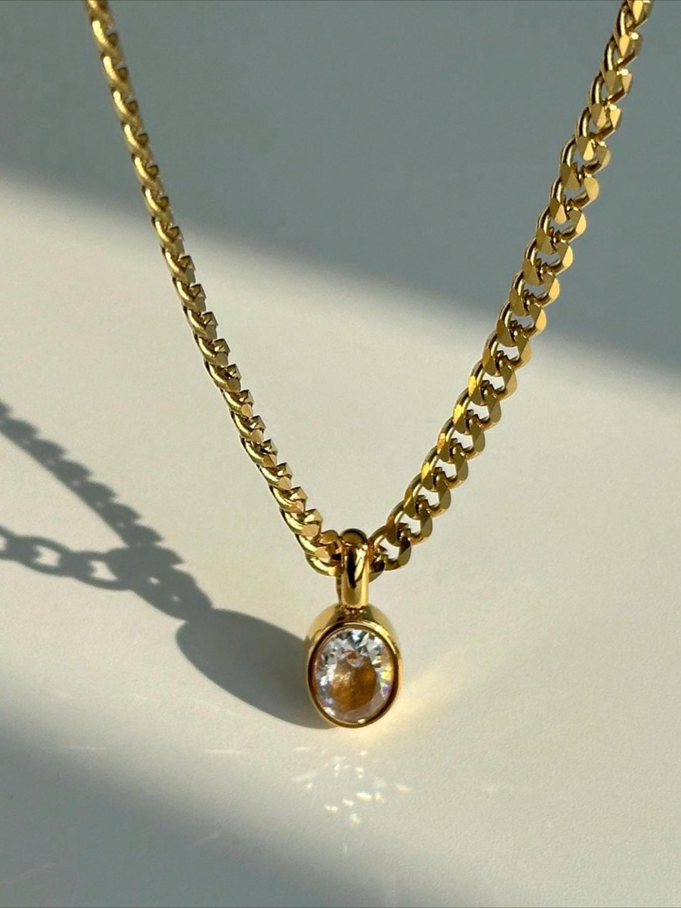 French Minimalist Fashion Elegant Oval Zircon Pendant Stainless Steel Necklace, Stylish Versatile Women's Daily Commute Jewelry Rhinestones Pendant Necklace