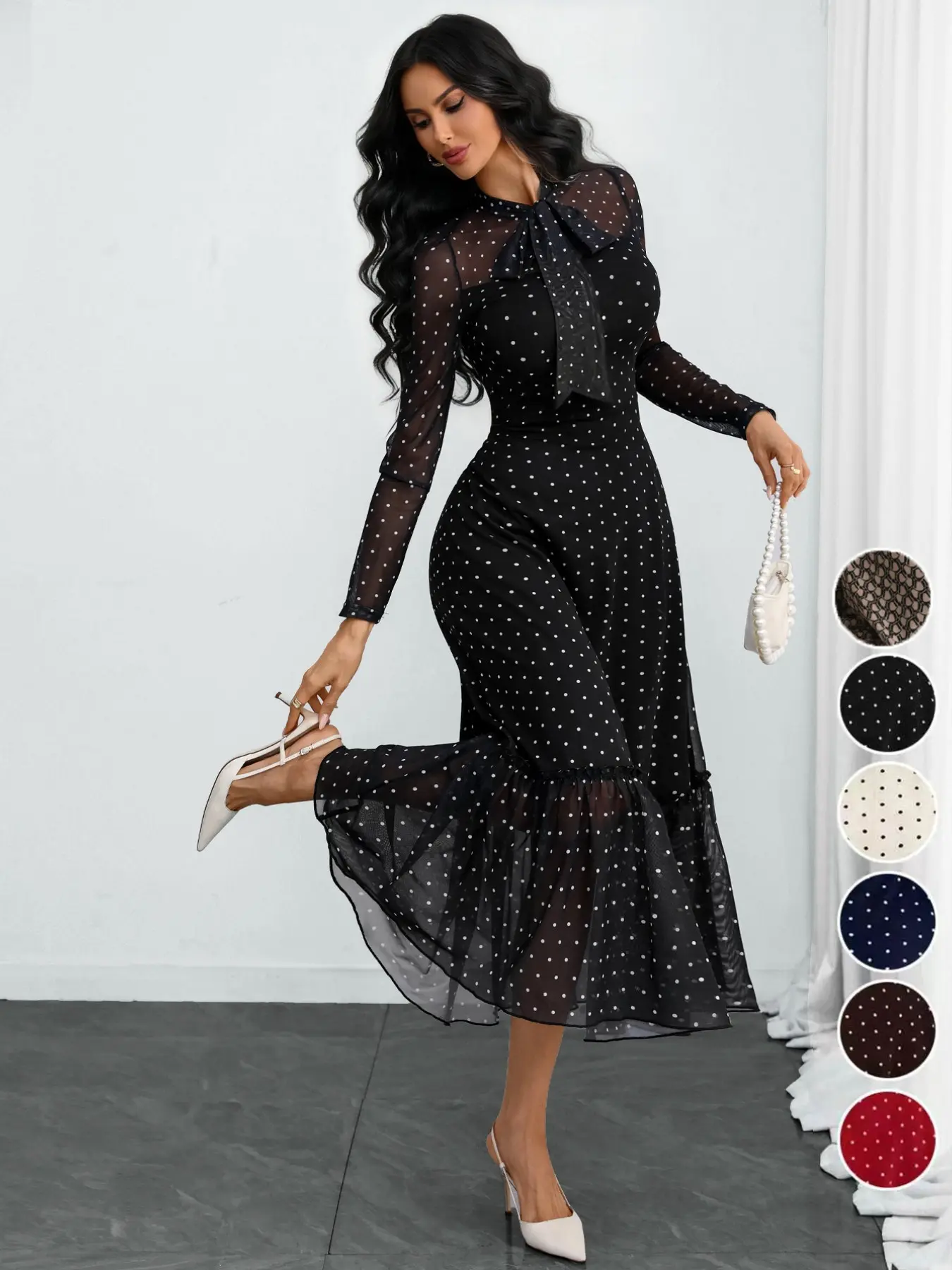 Women's Elegant Vintage Polka Dot Sheer Mesh Printed Bow Tie Formal Office Siren Dress, Stylish Workwear, No Belt Included, Perfect for Business
