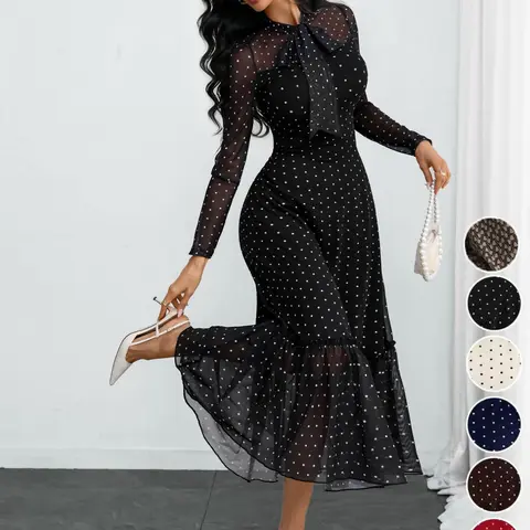 Women's Elegant Vintage Polka Dot Mesh Print Bow Tie Office Siren Dress, Stylish Workwear, No Belt Included, Perfect for Business