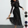 Women's Elegant Vintage Polka Dot Mesh Print Bow Tie Office Siren Dress, Stylish Workwear, No Belt Included, Perfect for Business