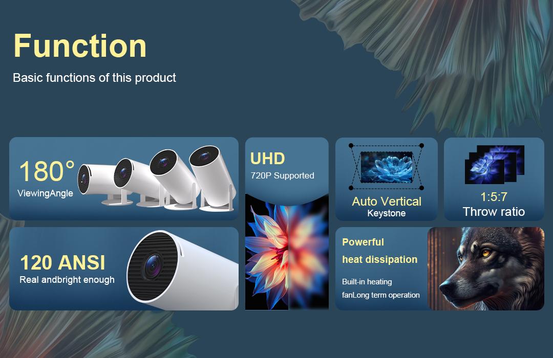 XBJ Portable Projector 2.4/5G WiFi 360° HD LED 200 InchScreen Built-in Speaker Multifunctional Projector for HomeCinema and Outdoor Use White Remote