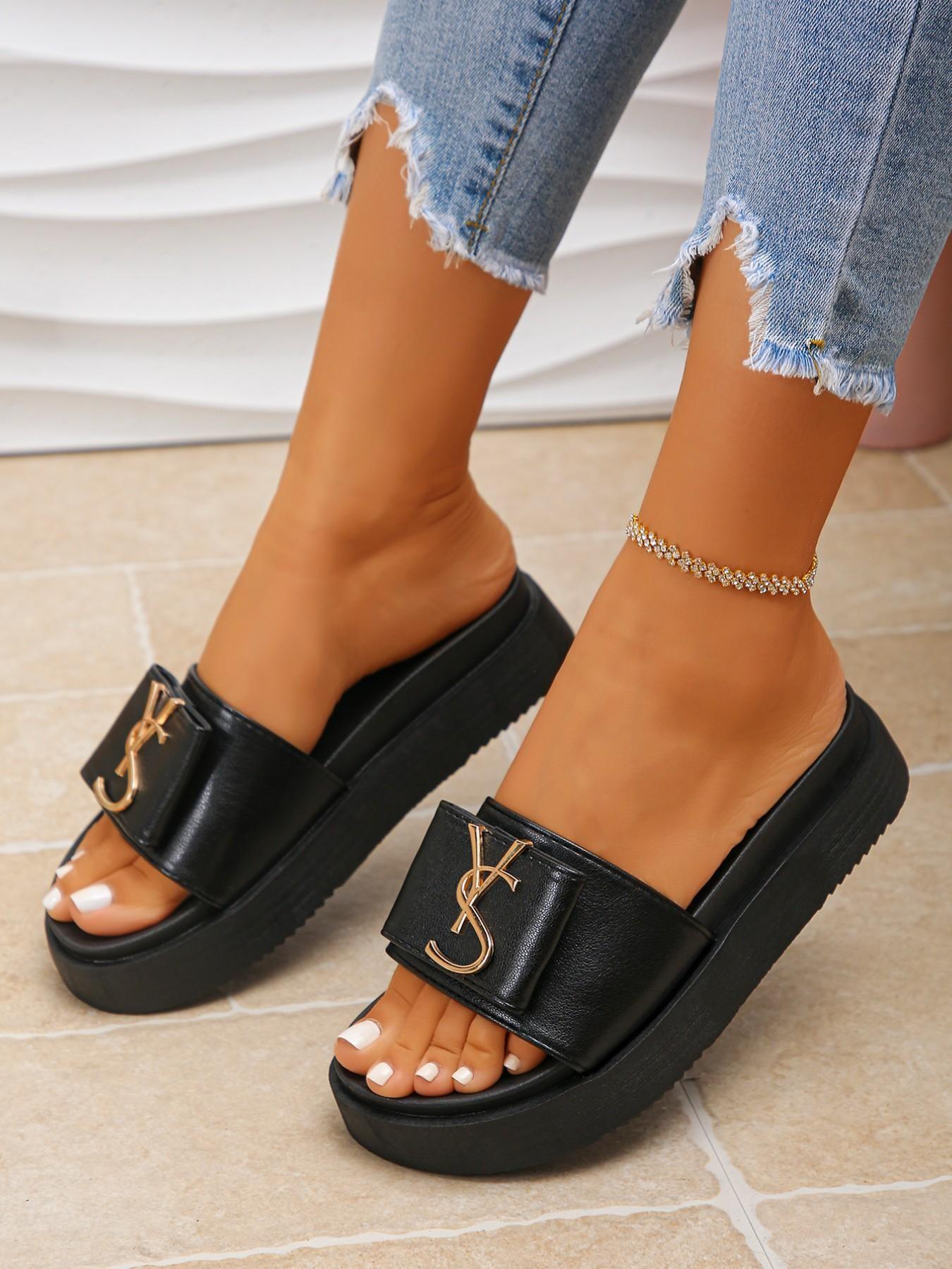 Women's Thick Sole Platform Sandals, Summer Indoor Outdoor Fashion, PU Leather, Rubber Sole, Plain Pattern, Trendy Slippers, Beach Shoes