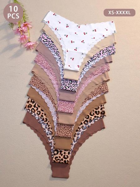 Women's Winter Panties 10 Pack, 5 Solid Colors + 4 Leopard Prints + 1 Cherry Print, Seamless, Fitted, Moderate Fabric, All Seasons, Scallop Trim Panty, Seamless High Elasticity