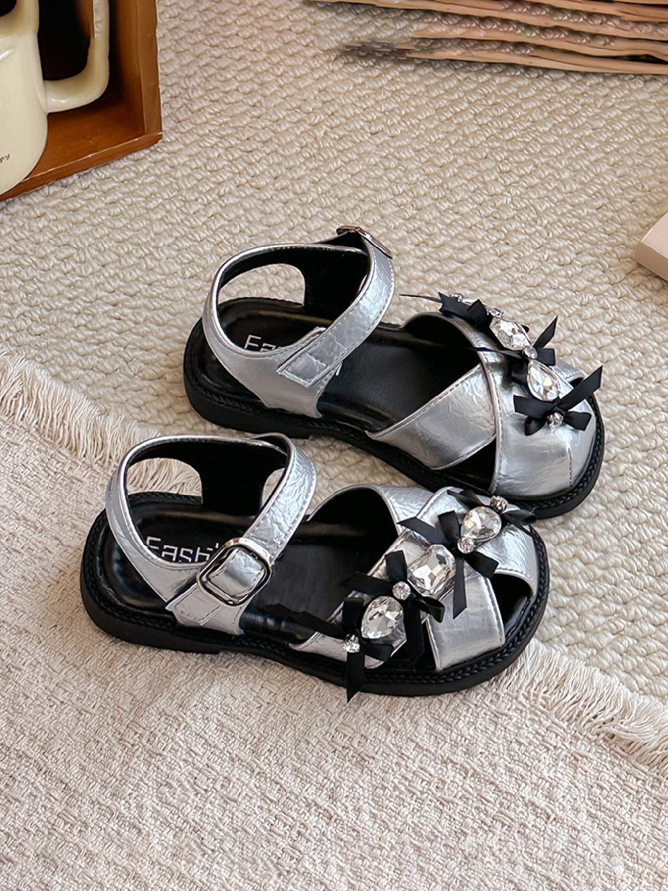 Girls' Closed-Toe Sandals, Soft Sole Anti-Slip, Rhinestone Bow, Velcro Closure, Ages 2-12, Comfortable Summer Footwear