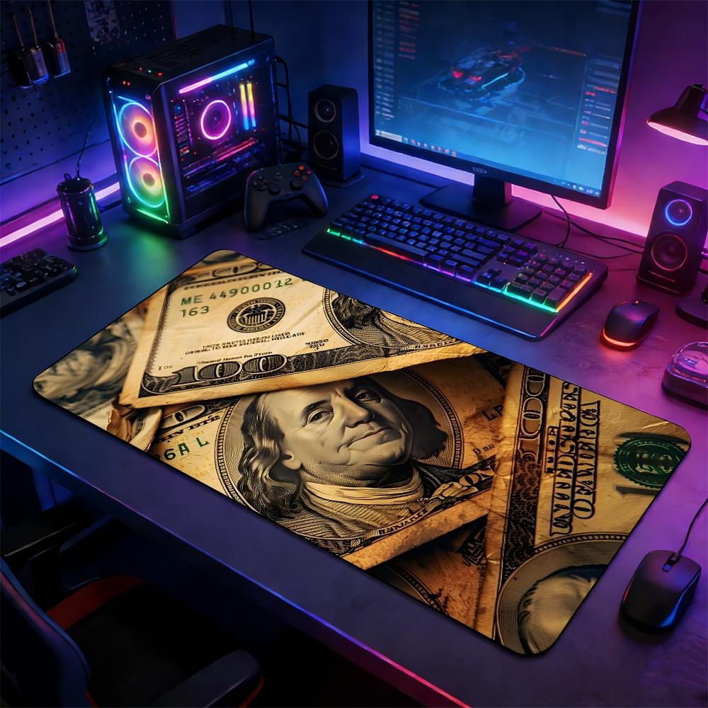 Vintage Cash Banknote Large Extended Gaming Mouse Pad, Non-Slip Rubber Base Stitched Lock Edge Desk Mat, Money Themed Artistic Design Desk Pad, Durable Computer Accessory for Home Office & Gaming Setup, Perfect Gift for Finance Fans & Gamers