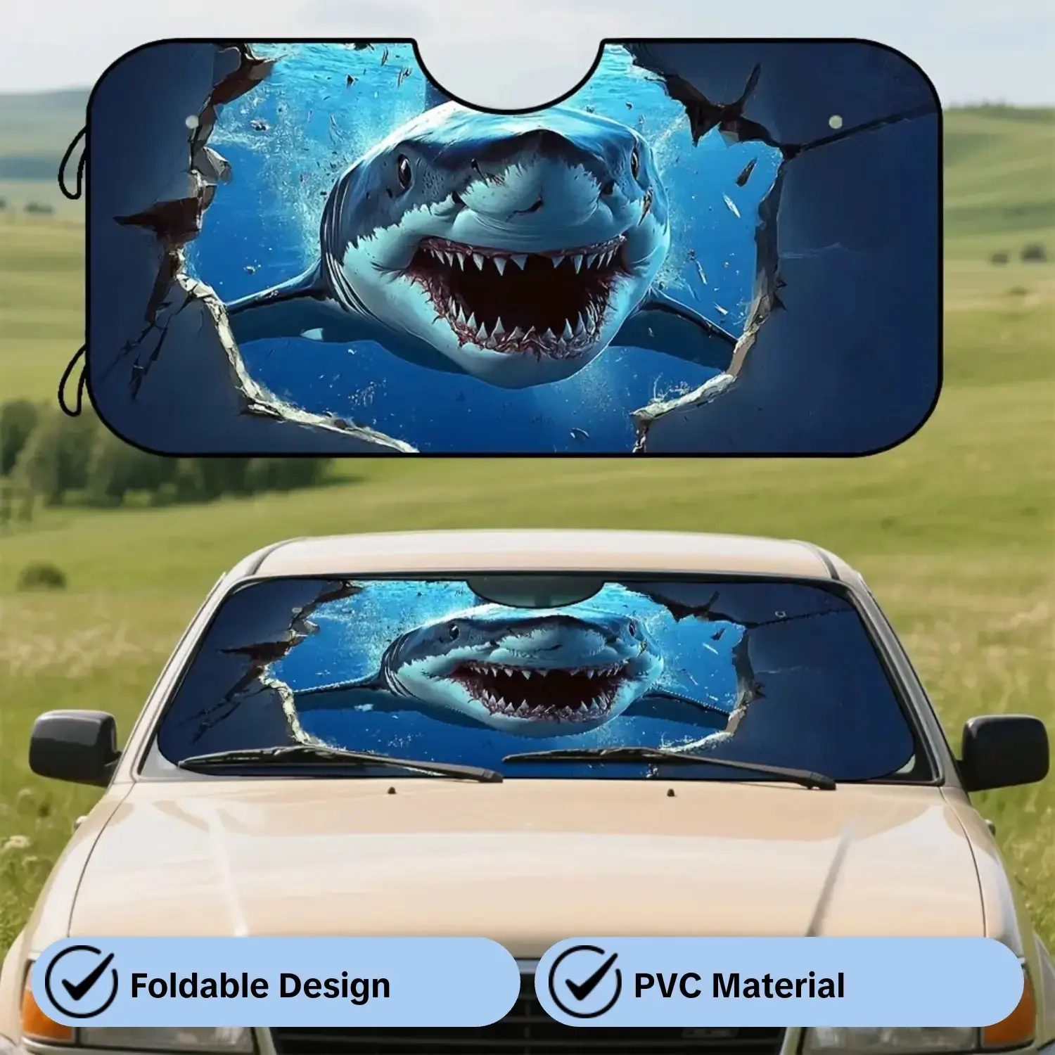 1pc, Great White Shark Ocean Print Car Windshield Sun Shade, Foldable Sun Visor for Front Windshield, Enhances Vehicle Interior Comfort, Perfect for City and Highway Drives, Suitable for Short Errands and Long Road Trips