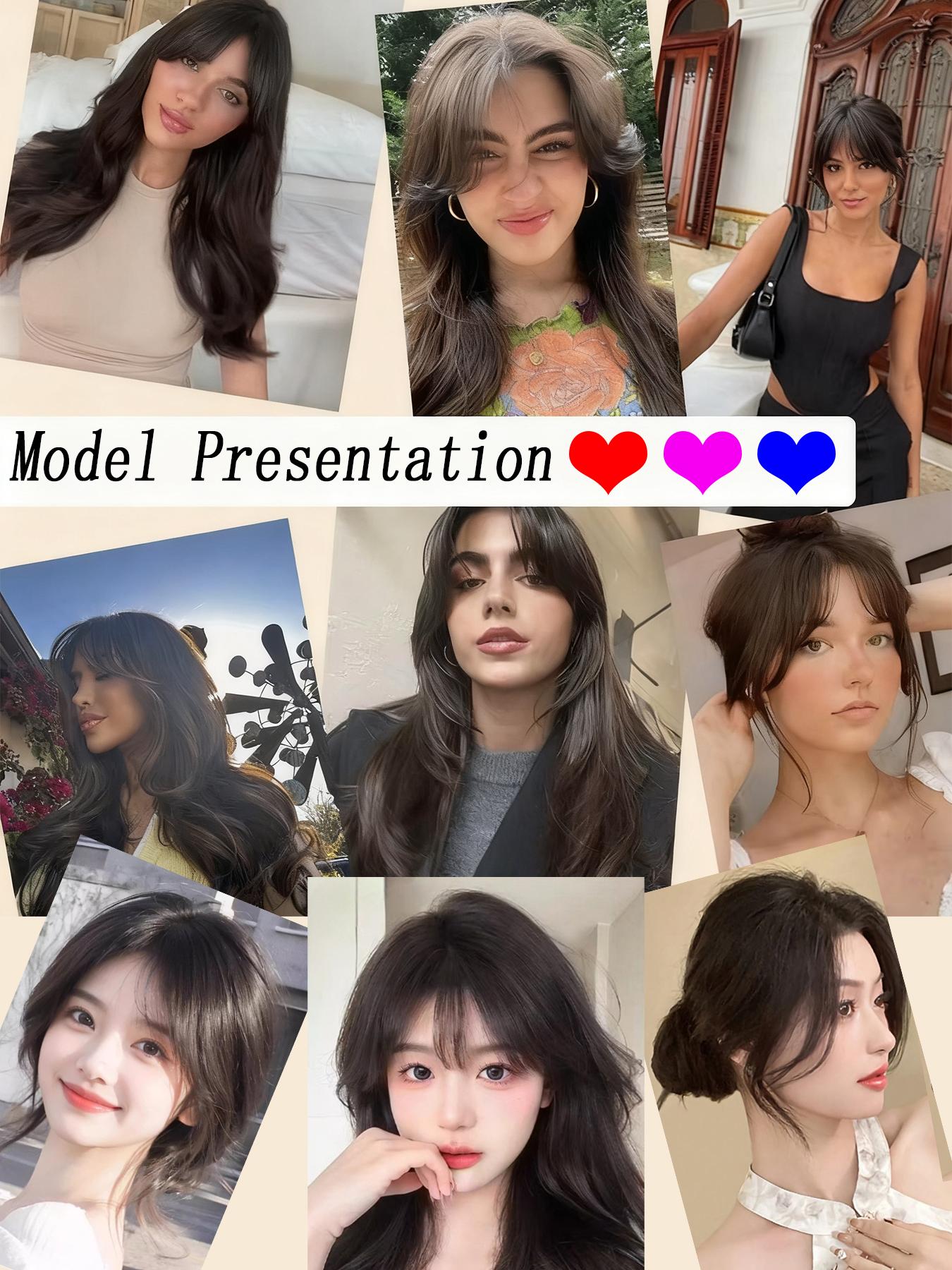 Women's Synthetic Bangs Hairpiece Clip-On Bangs Hair Extension, Hairtoppers, Clip On Hairpieces, Natural, Voluminous, Hairpiece Adds Hair Volume 3D Side-Swept Lift Reshapes Center-Parted Bangs Daily Hair Accessory Easy to Use