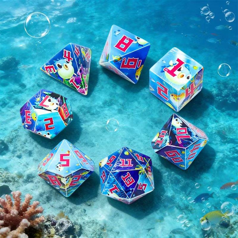 7-Piece Blue Underwater Dodecahedron Dice Set, Includes Storage Bag, Perfect for D&d, Rpg, and Tabletop Games Accessories