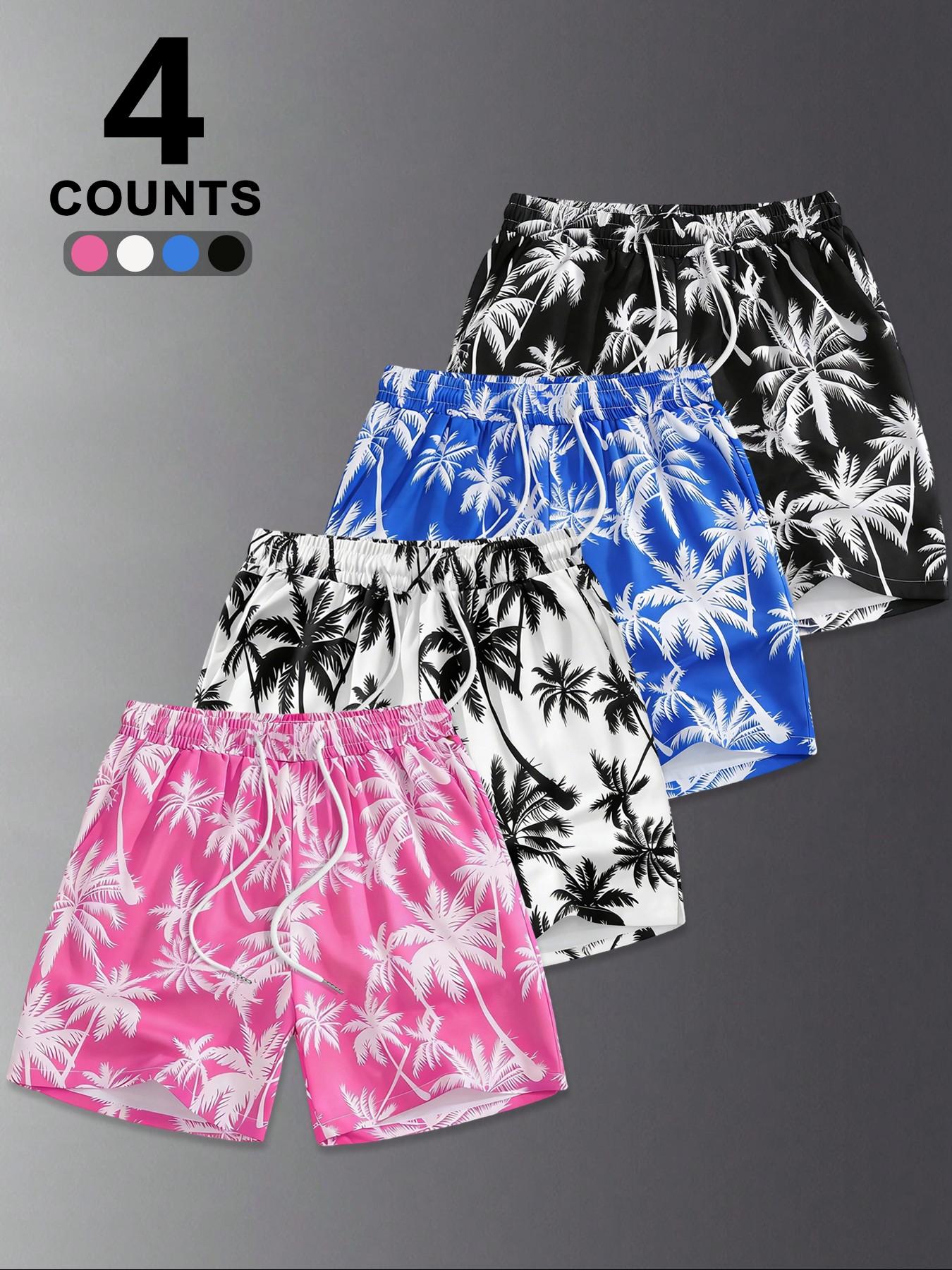 Men's Random Palm Tree Print Boxer Brief Swim Shorts, Regular Fit Casual Comfy Breathable Swim Shorts for Summer, Men's Swimwear for Beach Vacation