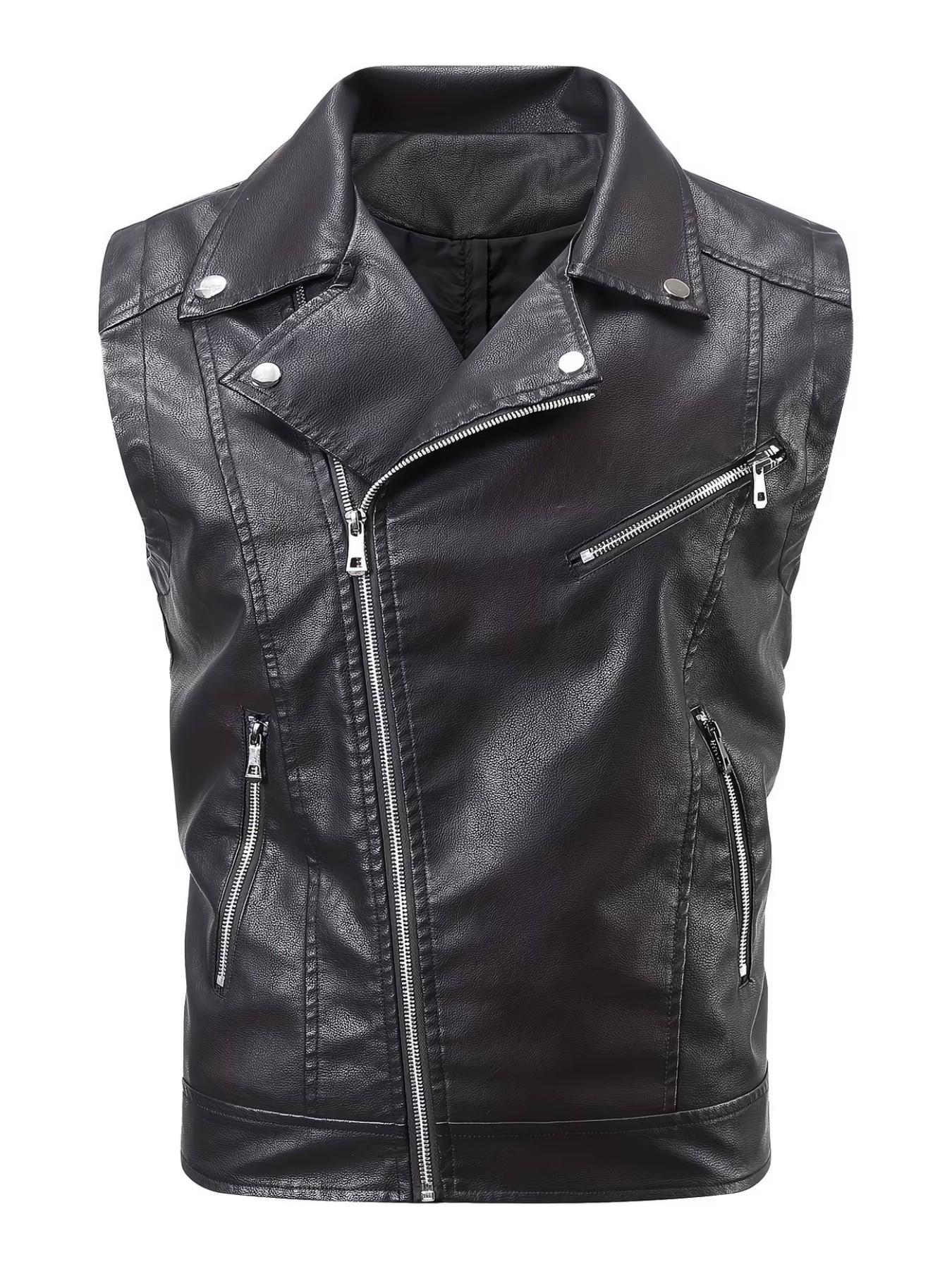 Men's Vintage PU Leather Motorcycle Vest, Lapel Design, Multiple Zip Pockets, Sleeveless Riding Jacket, Casual Outerwear