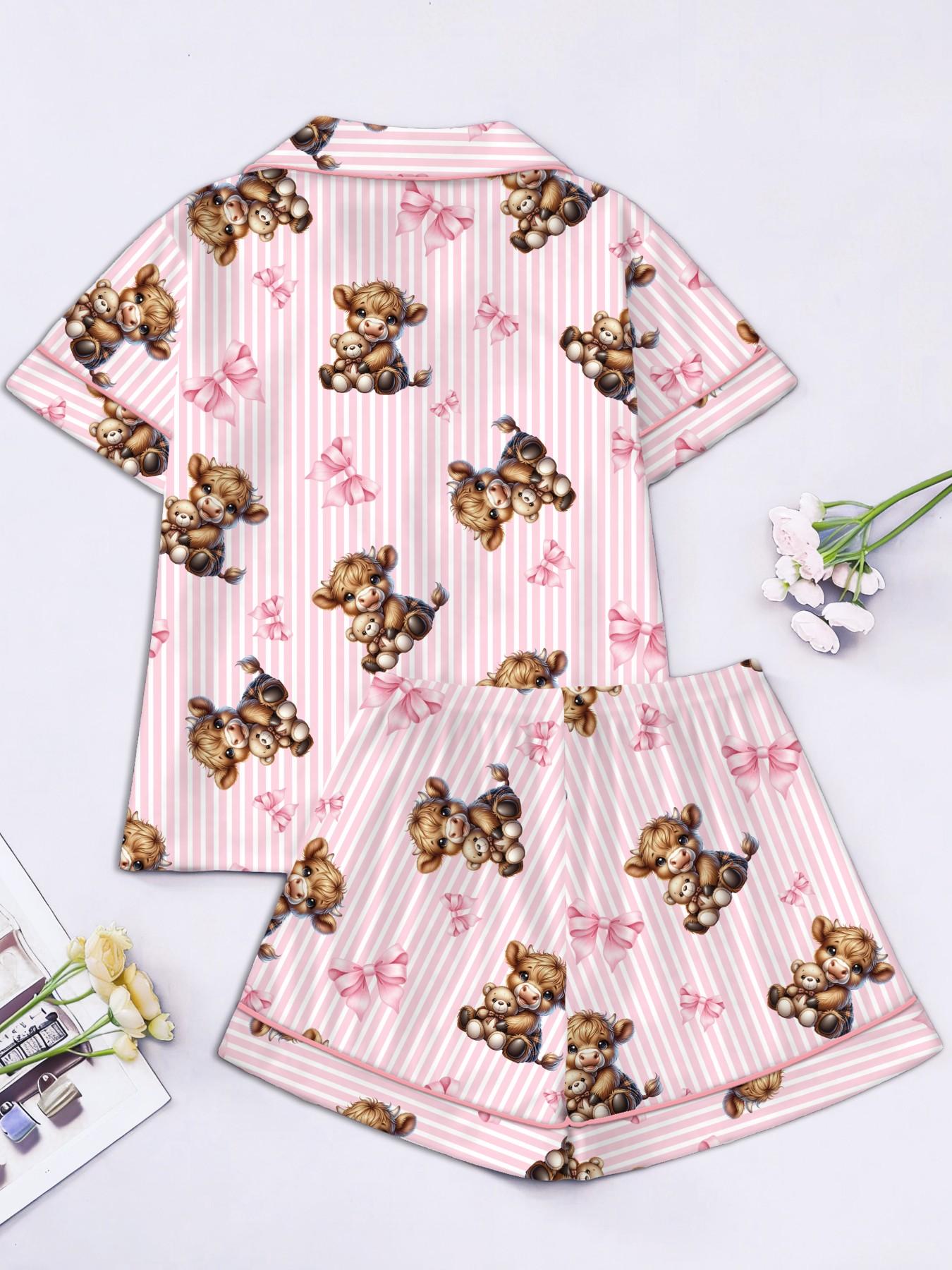 4-Piece Women's Pajamas & Loungewear Sets, Pjs Highland Cow Bow Knot Print Pink Stripe White Summer Short Sleeve Button Down Collar Chest Pocket Elastic Waist Shorts Contrast Trim Soft Breathable Relaxed Fit Sleepwear for Home