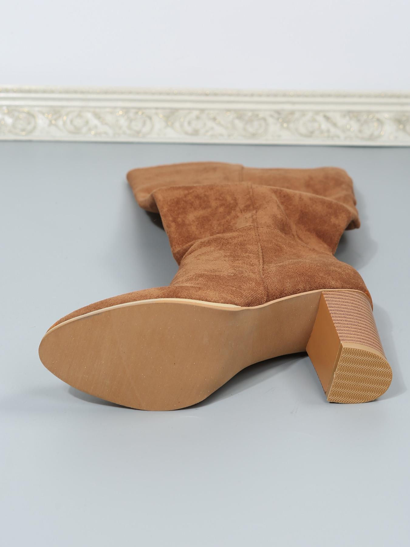 Women's Fashionable Solid Zipper Design Boots, Casual Comfortable Knee High Heels Boots for Daily Wear, Non-slip All Match Pointed Toe Winter Shoes for Party, Club, Brown, Elegant Boots