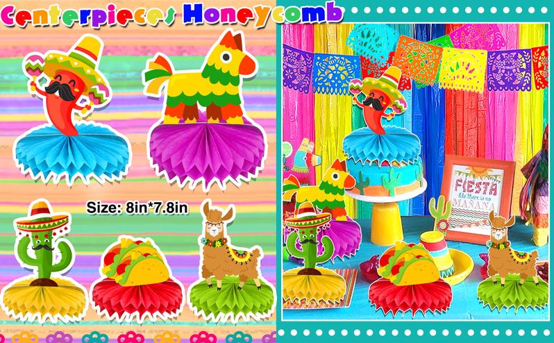 135pcs Fiesta Party Decorations，Mexican Party Decorations, Plastic Papel Picado Banner Cinco de Mayo Decor Day of the Dead Decorations，Fiesta Mexican Party Table Decoration Centerpiece，Taco Llama Cactus Balloons，Paper Streamer for Dia De Los Muertos