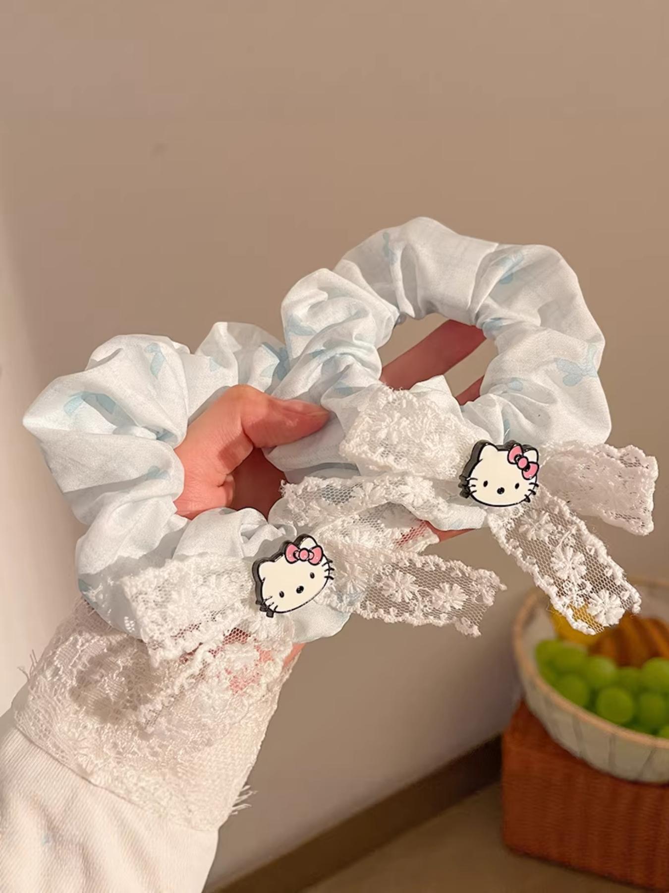 Two-Pack Lace Trim Kt Hair Ties, Cute Butterfly Knot Cartoon Girl Cat Ponytail Elastics, Daily Commute Party Gift Accessories