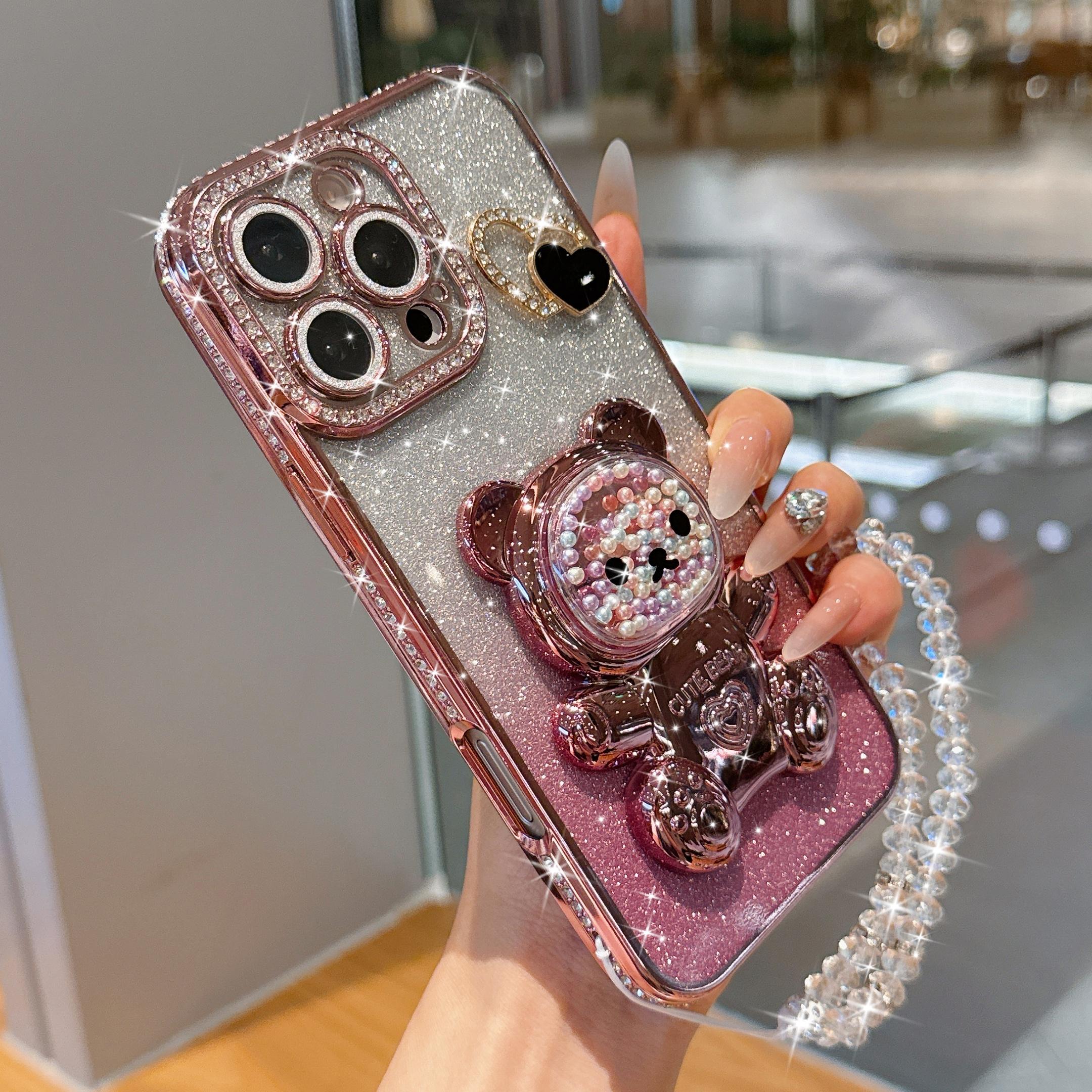 Luxury Blue Bear Stand Phone Case, Gradient Sand Anti-Drop Protection, Crystal Lanyard, Fits iPhone 17pro Max 16pro 15 14 13 12 11