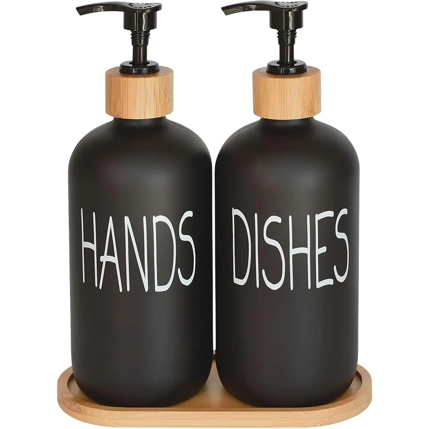 Glass & Bamboo Soap Dispenser Set of 2 with Bamboo Tray, Farmhouse Look Vintage Pump, Hand & Dish Soap Use, Permanent Fonts Labels, Matte Black for Kitchen & Bathroom