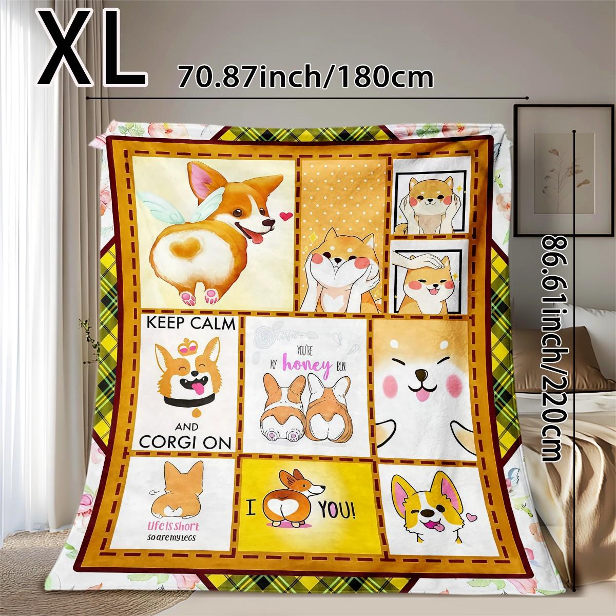 Cute Corgi Patchwork Flannel Blanket, Multifunctional Camping Travel Throw, Room Decoration Blanket, All Seasons Gift Blanket