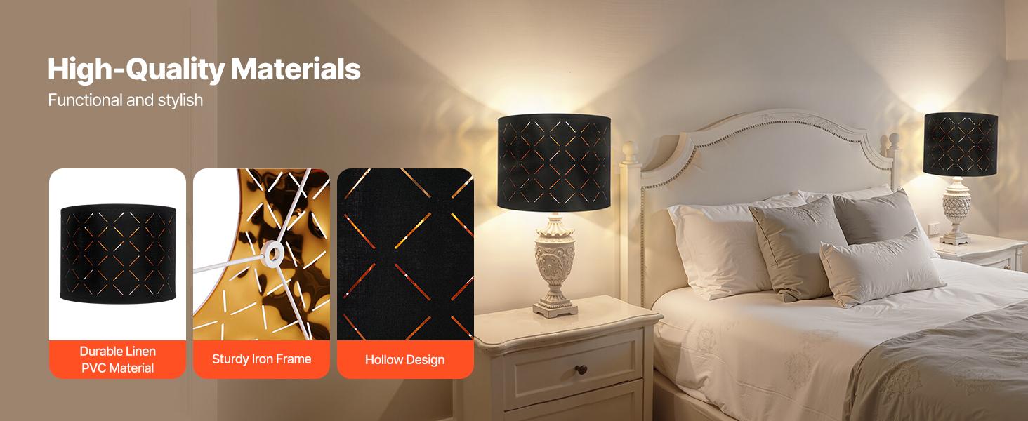 VEVOR Drum Lamp Shade 2 Set, 13 in Topx 13 in Bottomx 10 in High, Medium Drum Lampshade with Harp, Replacement Lamp Shade for Table Lamps Floor Lamps Pendant Lights, Black Diamond Hollow Design