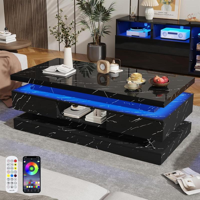 47.2 inch Modern High Glossy LED Coffee Table with 2 Sliding Drawers, Double-Layer Center Tables with LED Lights for Livings Room Furniture, Black 47.2 inch Modern High Glossy LED Coffee Table with 2 Sliding Drawers, Double-Layer Center Tables with LED Lights for Livings Room Furniture, Black