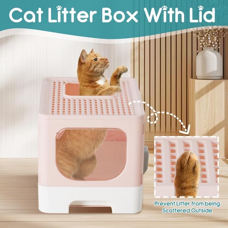 Large Foldable Covered Cat Litter Box with Drawer Design, Includes Free Cat Litter Scoop, Anti-Splashing and Odor-Locking Structure, Easy-to-Clean Pull-Out Tray, Foldable for Space-Saving Storage