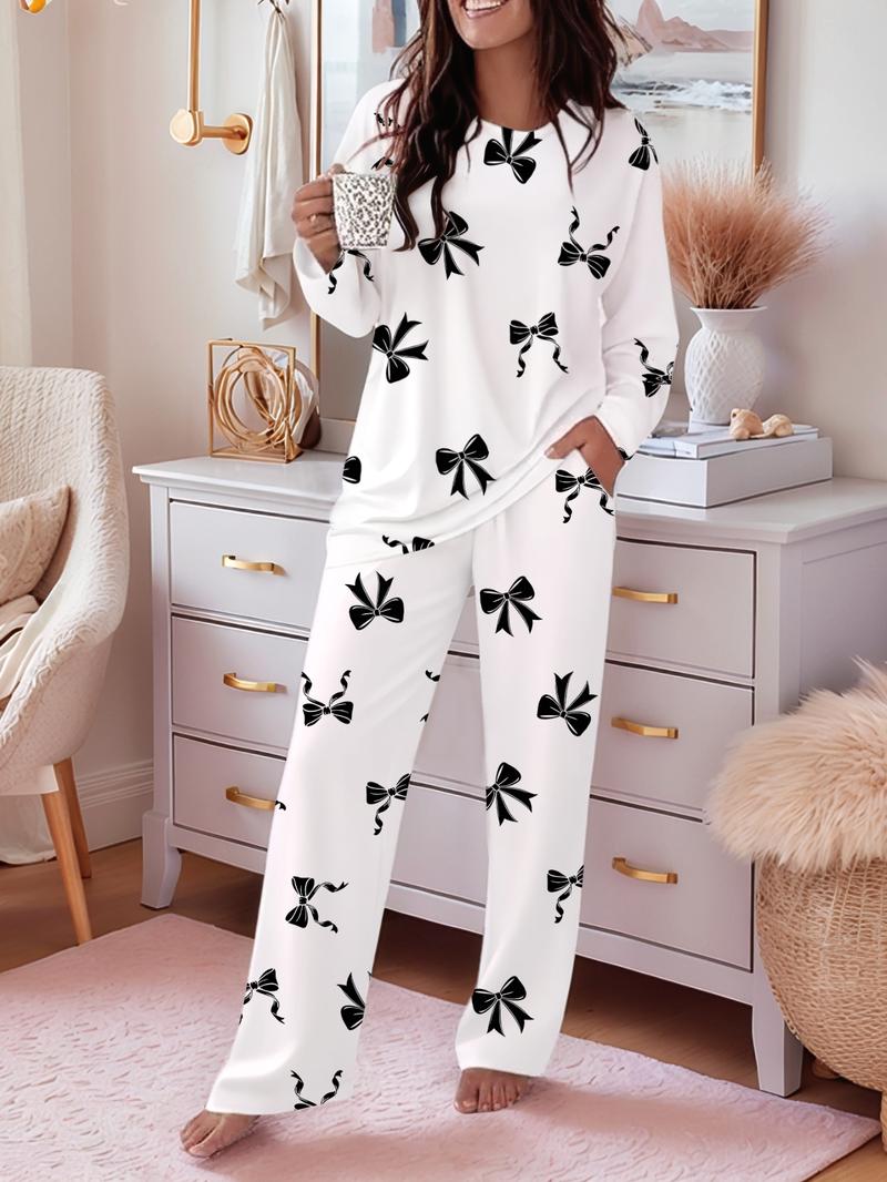 Women's Casual Printed Round Neck Long Sleeve Top & Gradient Print Pants Set, Soft Comfortable Home Wear, All Seasons Fitted
