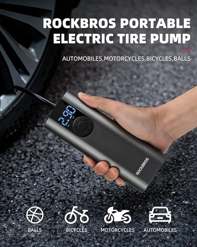 ROCKBROS Portable Air Pump 150PSI Mini Electric Tire Pump Inflator 5 Modes Cordless Air Compressor with 2 * 2600 mAh Rechargeable Lithium Battery Bike Motorcycle Car Tire Pump with LED Light Balls