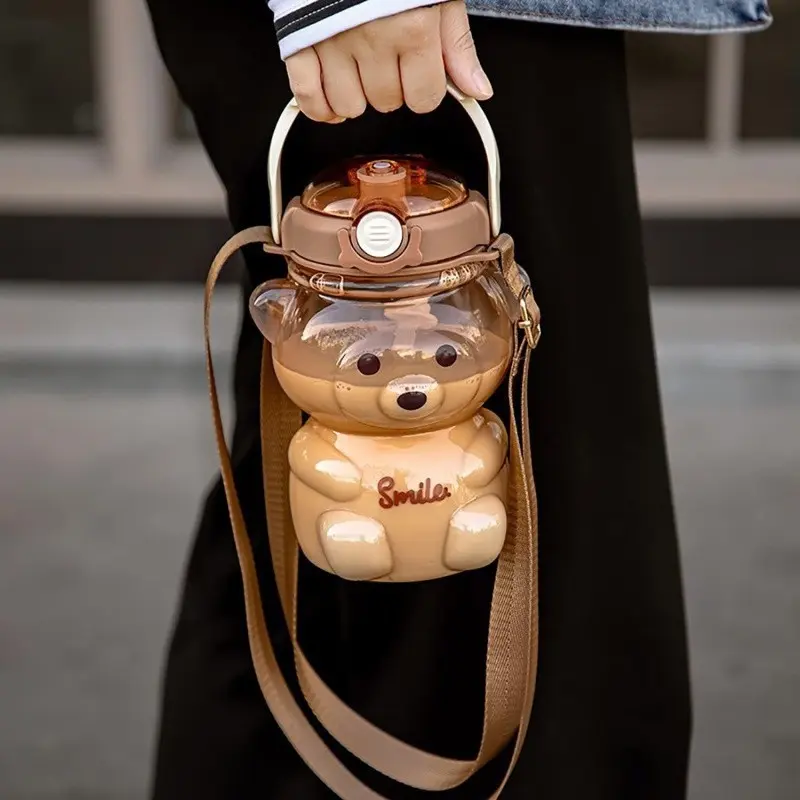 1 Count Kawaii Bear Straw Bottle with Adjustable Straw and Strap, Portable Leakproof BPA-Free Water Bottle For School Sports Camping Hiking Travel, BPA Free Drinkware