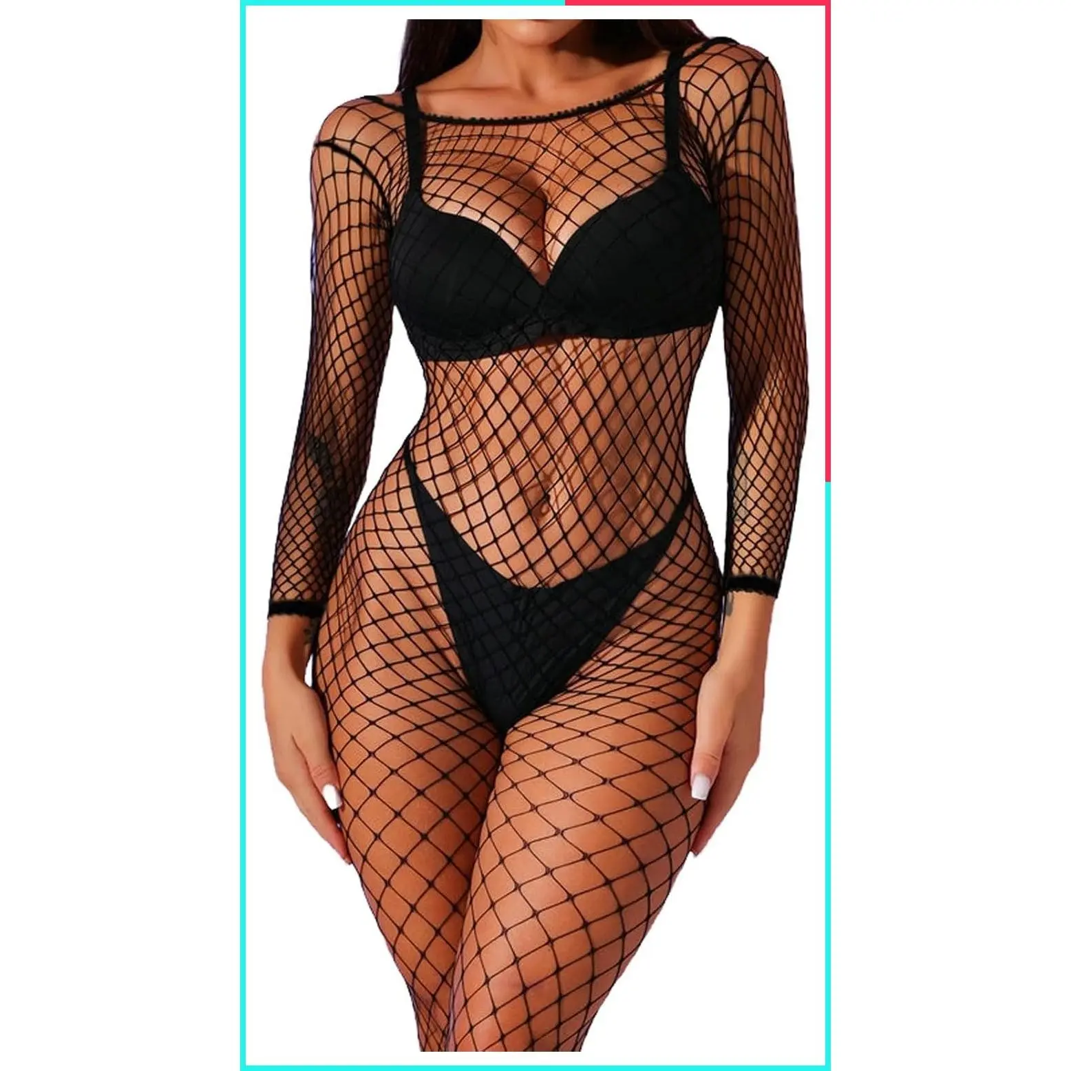 Women's Bodycon Mesh Jumpsuit - Black Fishnet Club Outfit with Medium Hole Design