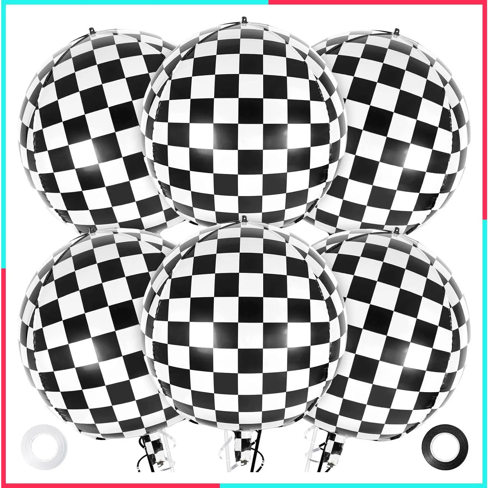 6 Pcs 4D Checkered Balloons, 22 Inch Sphere Foil Balloons, Black and White Checkerboard Mylar Round Balloons for Race Car Birthday Party Decorations Supplies