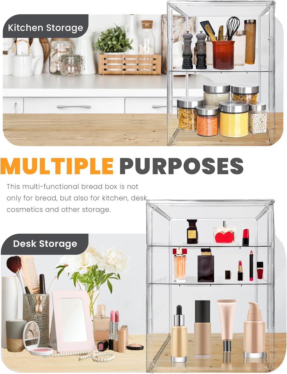 Large Capacity Kitchen Bread Storage Box, 4-Tier Adjustable Food Storage Container, Clear Airtight Countertop Organizer, Multifunctional Transparent Food Holder for Muffins, Bagels and Daily Snacks
