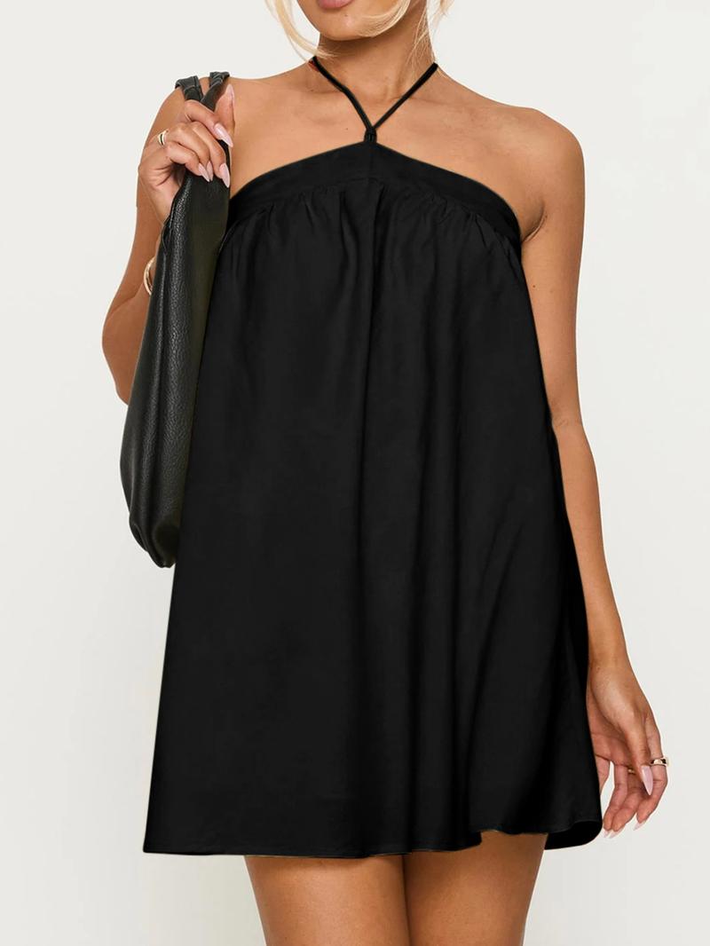 Women's Solid Color Halter Neck Tie Shoulder Cami Dress, Halter Strap Dress, Casual Sleeveless A Line Dress for Summer, Ladies Clothes for Beach Holiday