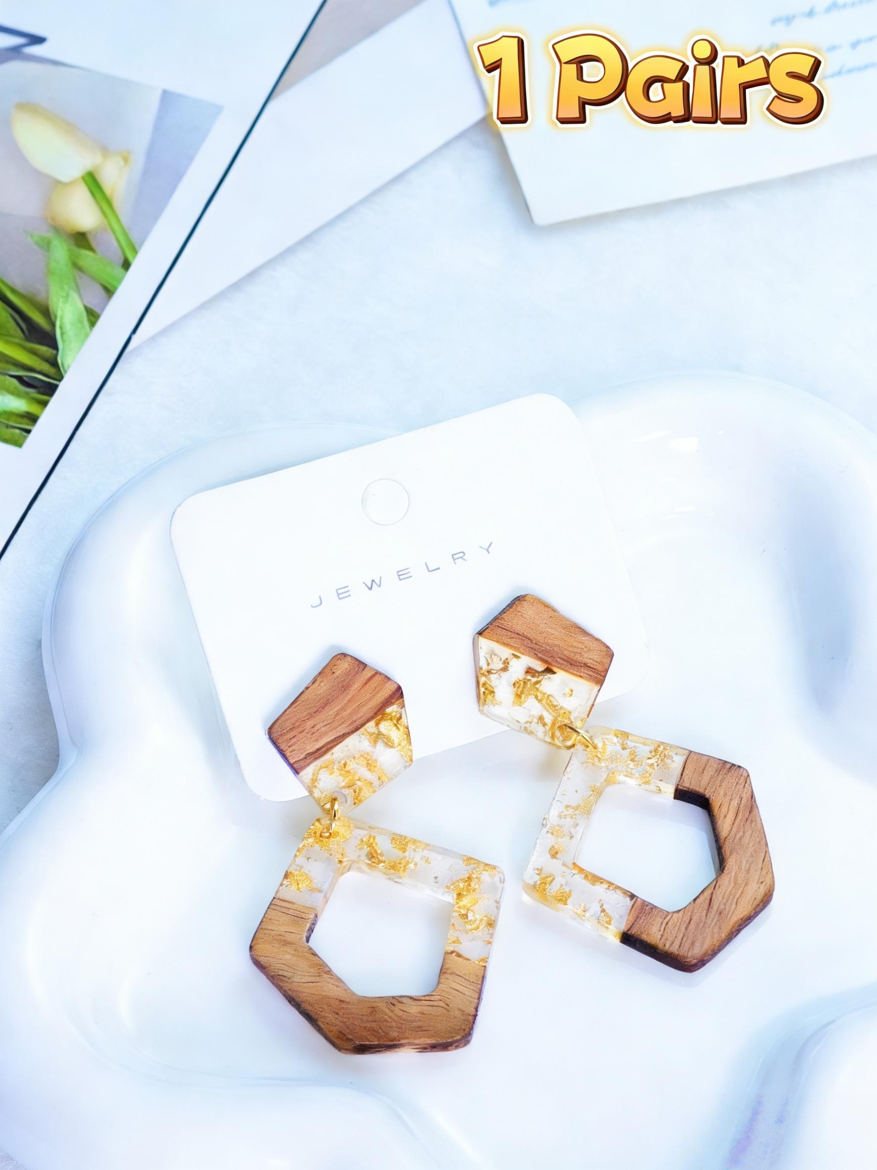 Boho Style Wooden Resin Gold Foil Earrings, Shiny Bling Effect, Natural Wood Ear Studs, Women's Fashion Jewelry, Perfect Gift for All Seasons