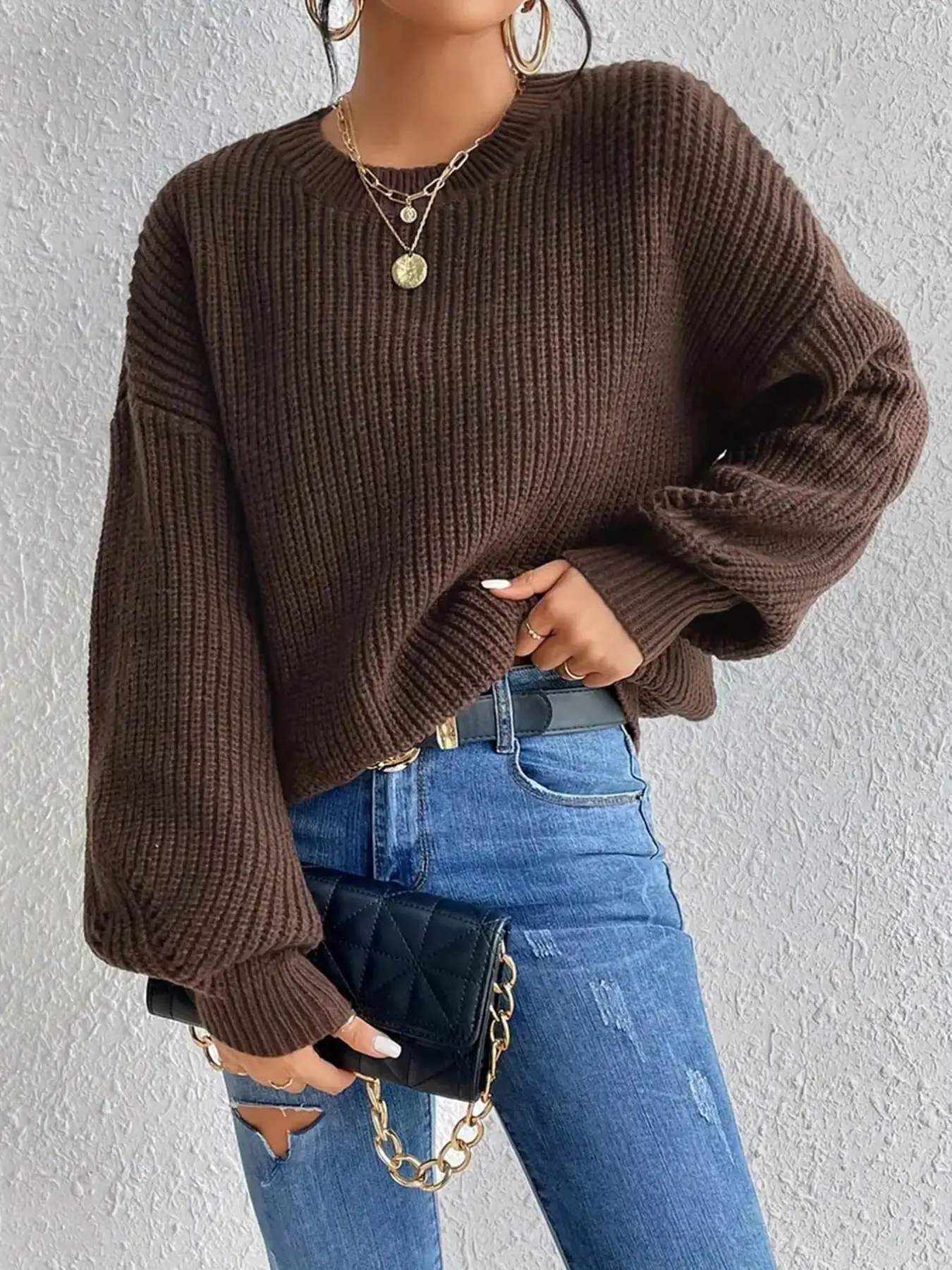 Women's Fall Winter Casual Basic Round Neck Solid Color Ribbed Long Sleeve Sweater, Knitted Pullover Top, Comfortable and Stylish