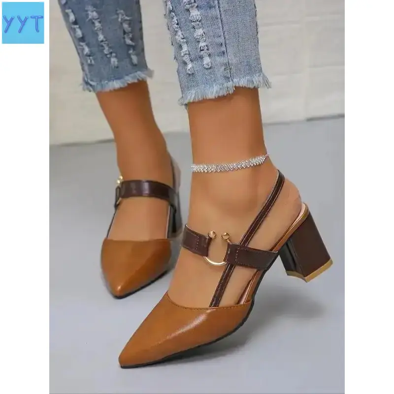 YYT1 Women's Fashionable Solid Color Slingback Heels - Pointed Toe, Earthtone, Casual Versatile Daily Walking Shoes for Fall Outfits (SGS Certified)