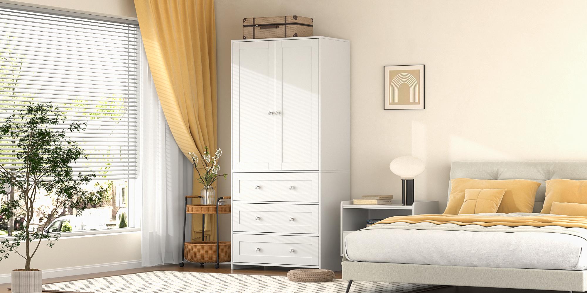 VOWNER Wooden Freestanding Wardrobe, 71" High Solid Wooden Bedroom Wardrobe with 2 Doors and 3 Drawers, With Hanging Rod, Bedroom, Living Room, White