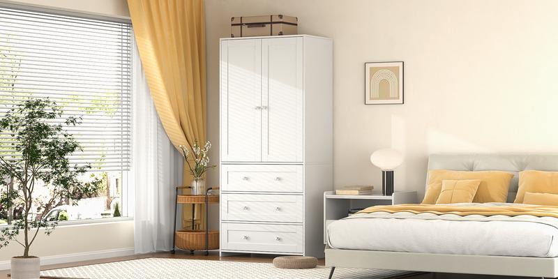 VOWNER Wooden Freestanding Wardrobe, 71" High Solid Wooden Bedroom Wardrobe with 2 Doors and 3 Drawers, With Hanging Rod, Bedroom, Living Room, White