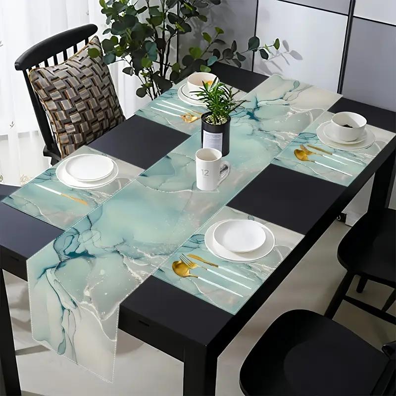 Modern Marble Texture Table Runner Set, Turquoise Color Dining Room Decor, Ideal for Wedding & Holiday Parties, Kitchen Accessories