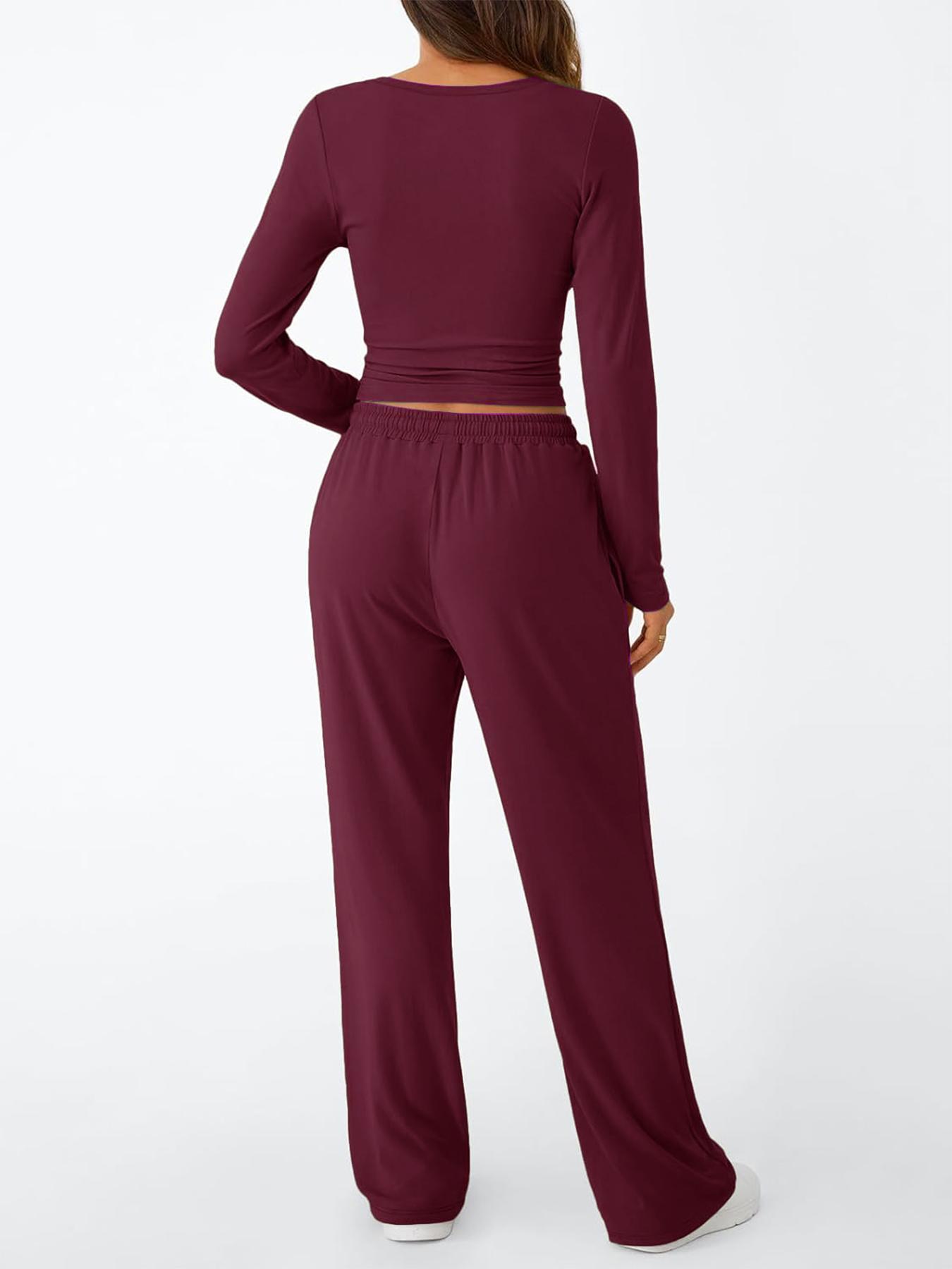 Women's 2 Piece Matching Loungewear Set, Long Sleeve Slightly Crop Fitted Top & Wide Leg Drawstring Pants, Casual Sweatsuit for Fall & Winter