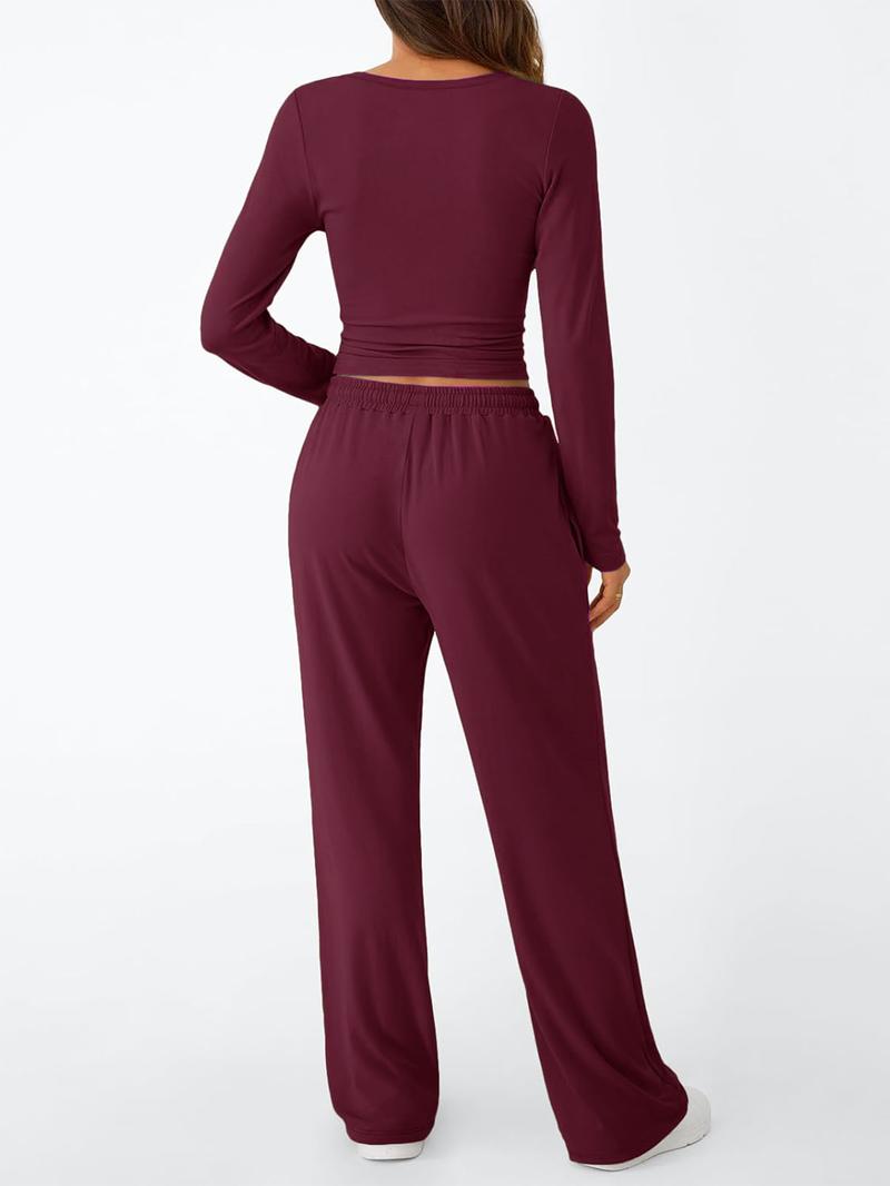 Women's 2 Piece Matching Lounge Set, Long Sleeve Slightly Crop Top & Wide Leg Pants, Casual Sweatsuit for Fall & Winter