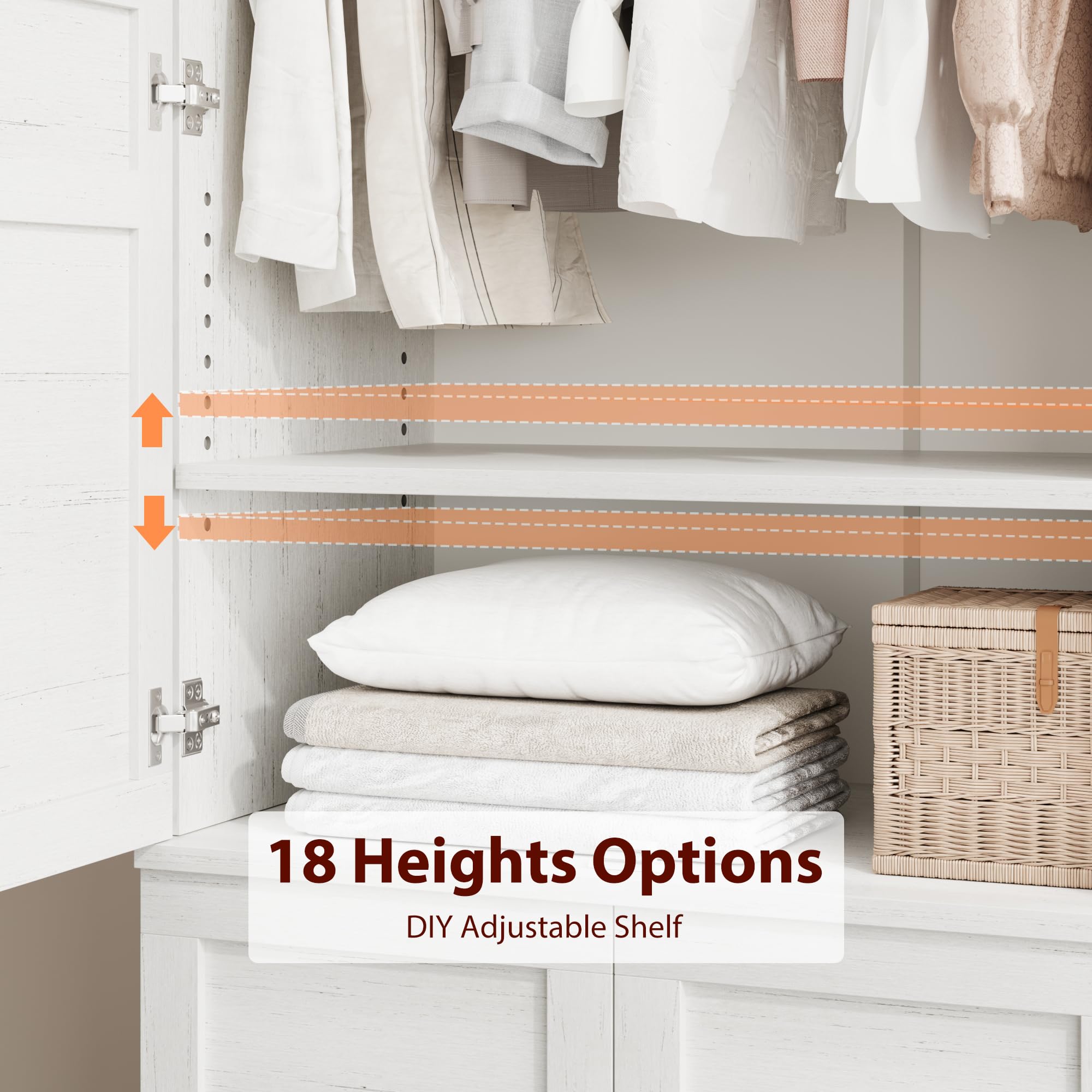 Armoire Wardrobe Closet with 4 Doors,72" Wooden Wardrobe Cabinet with Hanging Rod, Freestanding Tall Clothing Armoire Cabinet with 18 Adjustable Shelves for Bedroom, Clothes, Rustic White