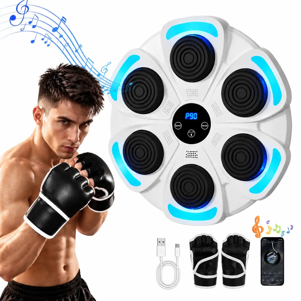 Wall-Mounted Smart Music Boxing Machine, Bluetooth Beat-Synced Punching Trainer with LED Lighting, 9-Speed Adjustable Training, Electronic Punching Target with Boxing Gloves for Home Gym Workouts