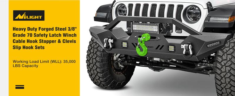 Nilight Forged Steel Winch Hook 3/8" Grade 70 Safety Latch Winch Cable Hook Stopper & Clevis Slip Hook Sets, Included Allen Wrench,Max 35,000 lbs